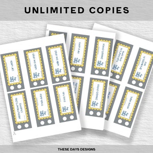 May include: A set of printable Father's Day coupons with a yellow and gray design. The coupons feature various activities such as car wash, trash duty, foot rub, yard work, Daddy's choice, two hours of free time, movie night, breakfast in bed, and wash the dogs.