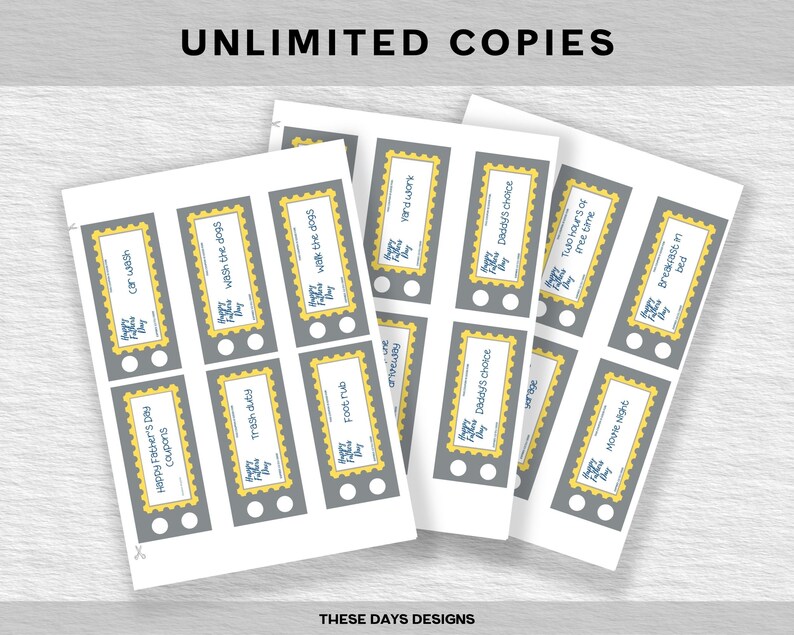 May include: A set of printable Father's Day coupons with a yellow and gray design. The coupons feature various activities such as car wash, trash duty, foot rub, yard work, Daddy's choice, two hours of free time, movie night, breakfast in bed, and wash the dogs.