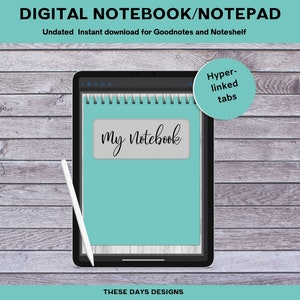 Może przedstawiać: Szablon cyfrowego notesu do aplikacji Goodnotes i Noteshelf. Szablon jest wyświetlany na ekranie tabletu ze stylusesem obok. Notes ma turkusową okładkę z szarym zakładką z napisem "My Notebook". Notes ma hiperłącza.