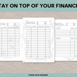 Peut inclure: Pages imprimables de suivi budg&eacute;taire avec des motifs floraux. Les pages sont intitul&eacute;es "Revenue Tracker", "Expense Tracker" et "Budget Tracker".