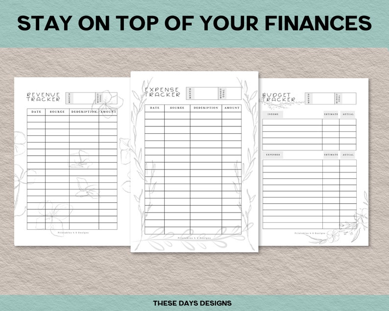 Peut inclure: Pages imprimables de suivi budg&eacute;taire avec des motifs floraux. Les pages sont intitul&eacute;es "Revenue Tracker", "Expense Tracker" et "Budget Tracker".