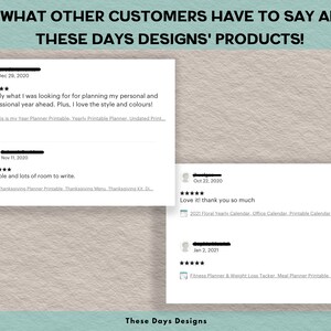 Peut inclure: Captures d'&eacute;cran d'avis clients pour des planificateurs et des calendriers imprimables de These Days Designs. Les avis sont positifs et incluent des commentaires comme "Exactement ce que je cherchais" et "J'adore ! Merci beaucoup."
