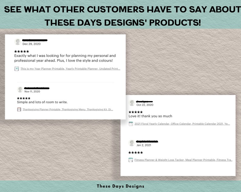 Peut inclure: Captures d'&eacute;cran d'avis clients pour des planificateurs et des calendriers imprimables de These Days Designs. Les avis sont positifs et incluent des commentaires comme "Exactement ce que je cherchais" et "J'adore ! Merci beaucoup."