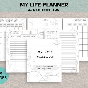 Peut inclure: Un planificateur imprimable noir et blanc avec le titre "My Life Planner" et le texte "My Life as it should be...organized!" Le planificateur comprend des sections pour la planification des repas, les listes d'&eacute;picerie, le suivi des d&eacute;penses, les listes, l'aper&ccedil;u mensuel et le flux de travail.