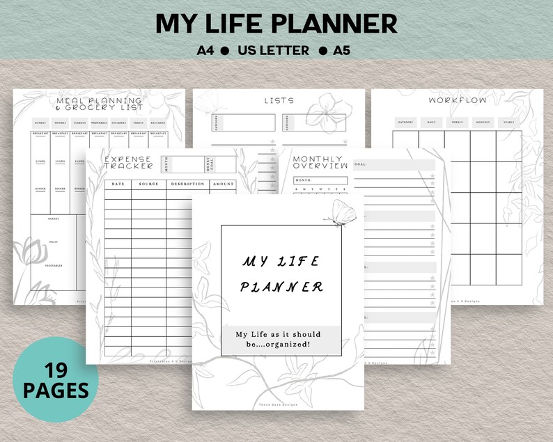Peut inclure: Un planificateur imprimable noir et blanc avec le titre "My Life Planner" et le texte "My Life as it should be...organized!" Le planificateur comprend des sections pour la planification des repas, les listes d'&eacute;picerie, le suivi des d&eacute;penses, les listes, l'aper&ccedil;u mensuel et le flux de travail.