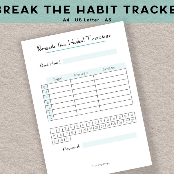 Break the Habit Tracker Calendar, Habit Tracker Printable, Routine Chart, Habit Breaker, Bad Habit Tracker, Self Care, Yearly Goal Setting,
