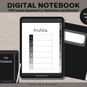 Black Digital Notebook, Notebook with Tabs, Goodnotes notebook, digital diary, custom notebook, notebook for school, minimalist notebook