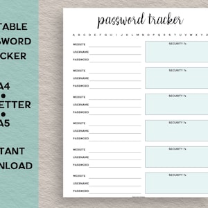 Editable Password Tracker, Password Keeper, Password Printable, A4 Password template, A5 planner insert, letter size template, password log