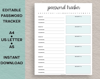 Editable Password Tracker, Password Keeper, Password Printable, A4 Password template, A5 planner insert, letter size template, password log