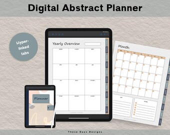 Peut inclure: Application de planificateur numérique affichée sur l'écran d'une tablette. L'application comprend une vue d'ensemble annuelle, un calendrier mensuel et une section de notes. L'application propose également des onglets hyperliés pour une navigation facile. L'application est conçue avec une esthétique minimaliste et présente des formes abstraites dans des couleurs neutres.