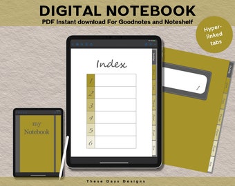 May include: A digital notebook template for Goodnotes and Noteshelf apps. The template features a yellow cover with a grey tab and a white index page with numbered lines. The text "Index" is handwritten in black ink. The text "my Notebook" is handwritten in black ink on a yellow cover.