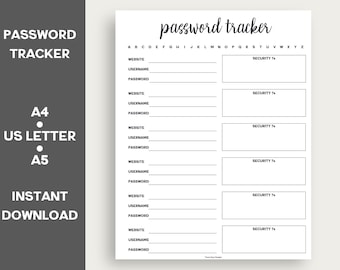 Password Tracker Printable, Printable password template, password book with alphabetical tabs, Password manager, password reset, home binder