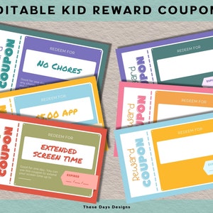 Editable Kids Coupons, Printable Reward Coupons for kids, coupon book, kids reward system, coupon template, gift coupon, kids reward ticket