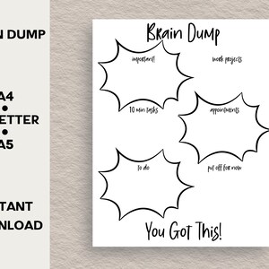 May include: A printable brain dump worksheet with five thought bubbles for organizing ideas. The worksheet has the text "Brain Dump" at the top and "You Got This!" at the bottom.