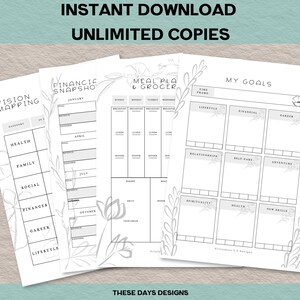 Peut inclure: Pages de planificateur imprimables avec un motif floral. Les pages comprennent des sections pour la cartographie de la vision, l'instantan&eacute; financier, la planification des repas et la liste d'&eacute;picerie, et la d&eacute;finition des objectifs. Le texte "T&eacute;l&eacute;chargement instantan&eacute; Copies illimit&eacute;es" est en haut de la page.