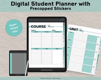 May include: A digital student planner with pre-cropped stickers. The planner has tabs for "Course Planner" and "Unit Study". The planner is open on a tablet screen and a smaller tablet screen is shown to the left. The smaller tablet screen has a blue tab.