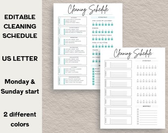 May include: Printable cleaning schedule template in US Letter size. The template has two pages. The first page has a daily, weekly, and monthly cleaning schedule with checkboxes. The second page has a list of cleaning tasks for each room of the house, with checkboxes for each day of the week. The template is in black and white with a light blue accent color.