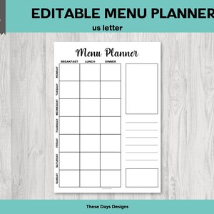 Menu Planner, Editable Planner, Meal Planner, Menu Template, Digital Meal Planner, Weekly Menu, Food Planner digital, fillable PDF planner