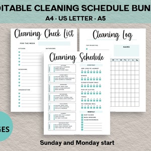 編集可能な掃除スケジュール、印刷可能な掃除チェックリスト、掃除チャート、掃除トラッカー、編集可能な家事チャート、徹底的な掃除