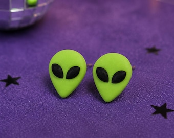 Alien Earrings, Neon Green Alien Stud Earrings, Polymer Clay UFO Earrings, Cute Space Jewelry, Sci-Fi Gift, Geeky Earrings
