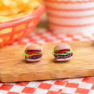 Burger Stud Earrings, Mini Food Earrings, Polymer Clay Hamburger Earrings, Cute Fast Food Jewelry, Funny Gift, Handmade