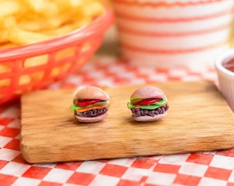 Burger Stud Earrings, Mini Food Earrings, Polymer Clay Hamburger Earrings, Cute Fast Food Jewelry, Funny Gift, Handmade