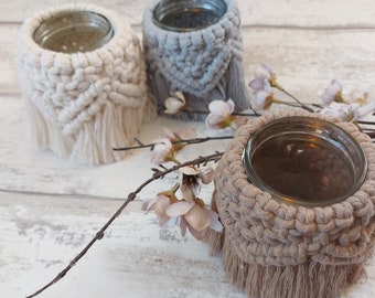 Macrame Mason jar, Macrame tealight, Make-up brush pot, Pen pot cover, Macrame vase