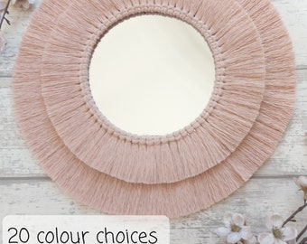 Pink macrame mirror, Pink fringed boho mirror, Pink home decor