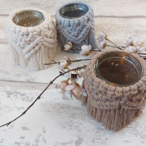 Vaso Macrame Mason, Tealight Macrame, Vaso per pennelli per il trucco, Copripentola, Vaso Macrame