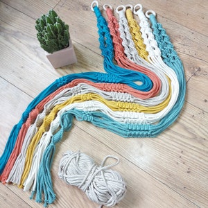May include: A set of seven macrame plant hangers in various colors, including turquoise, coral, yellow, and white. The hangers are made of cotton cord and have a knotted design. The hangers are displayed on a wooden surface.