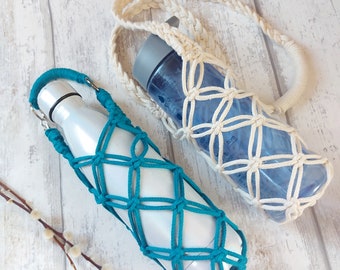 Macrame water bottle holder, Water bottle carrier, Water bottle bag, Drinking bottle holder
