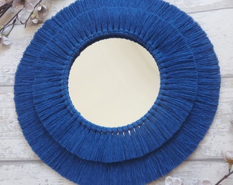 Indigo blue macrame mirror, Blue fringed boho mirror, Royal blue home decor