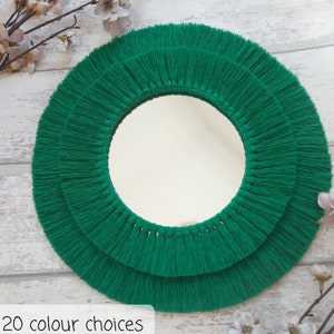 Navy blue macrame mirror, Fringed navy macrame mandala mirror, Circular macrame wall decor Green