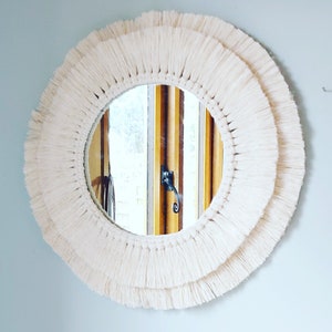 Fringed cotton macrame mirror, Macrame mandala mirror, Circular macrame wall decor
