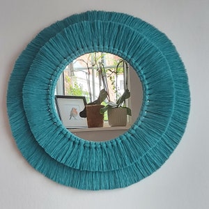 Navy blue macrame mirror, Fringed navy macrame mandala mirror, Circular macrame wall decor Teal