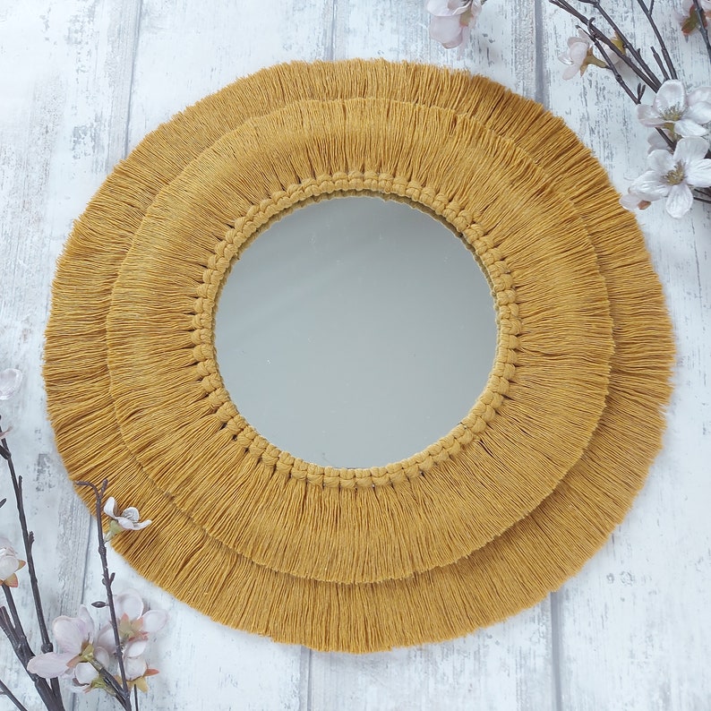 Navy blue macrame mirror, Fringed navy macrame mandala mirror, Circular macrame wall decor Mustard