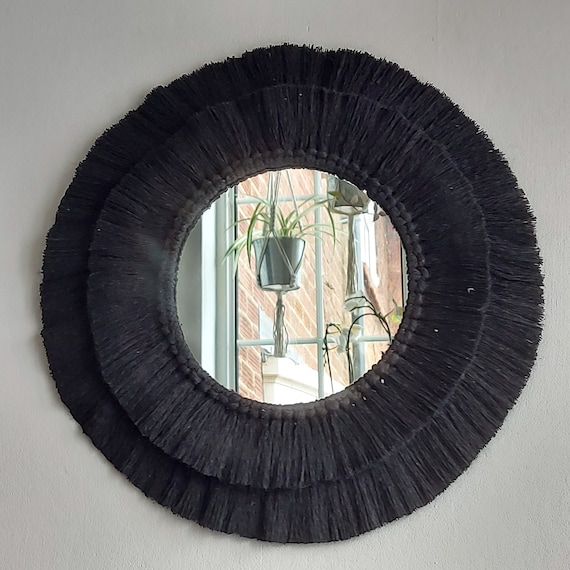 Black macrame mirror, Fringed black macrame mandala mirror, Circular macrame wall decor