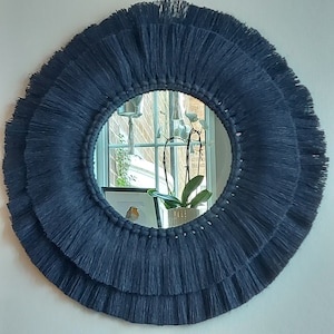 Navy blue macrame mirror, Fringed navy macrame mandala mirror, Circular macrame wall decor