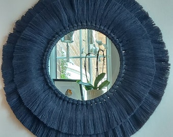 Navy blue macrame mirror, Fringed navy macrame mandala mirror, Circular macrame wall decor