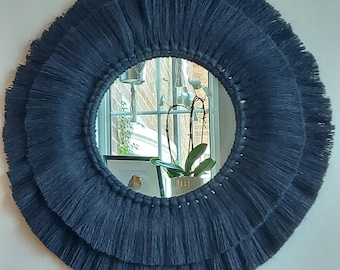 Navy blue macrame mirror, Fringed navy macrame mandala mirror, Circular macrame wall decor