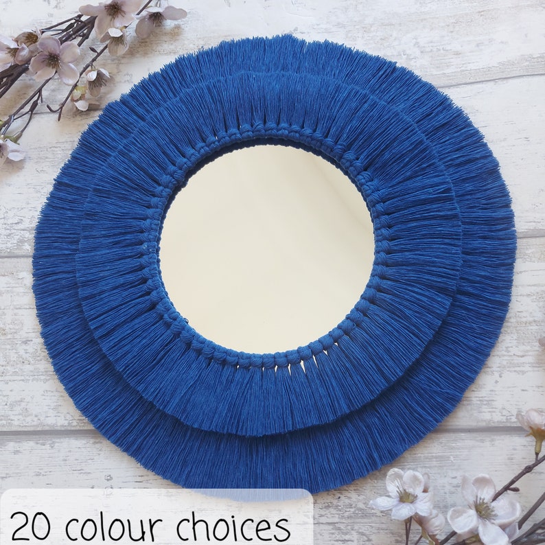 Navy blue macrame mirror, Fringed navy macrame mandala mirror, Circular macrame wall decor Blue