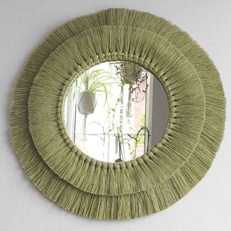 Navy blue macrame mirror, Fringed navy macrame mandala mirror, Circular macrame wall decor Sage green