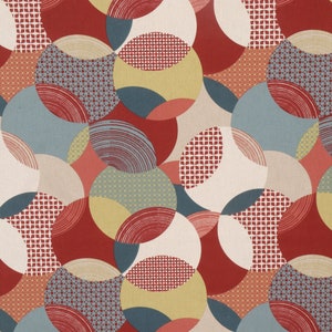 May include: Abstract pattern featuring overlapping circles in various shades of red, blue, yellow, and beige. The circles have different patterns, including stripes, dots, and grids.