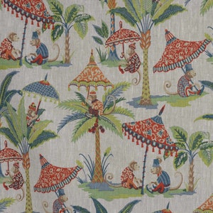 Exotic Monkey Parasol Linen Fabric Print Curtains Blinds Cushions Upholstery Craft. Sold by the metre - A4 Sample