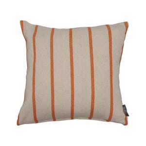 May include: Square cushion featuring a cream-coloured background with vertical orange stripes. The cushion has a textured appearance and a tag on the lower right corner. Suitable for a sofa or bed, this cushion measures approximately 40cm x 40cm.