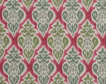 Chess Designs Arlo Olive Fuchsia Ikat Fabric Cotton Blend Middle Eastern Curtains Blinds Cushions Upholstery. Sold by the metre - A4 Sample