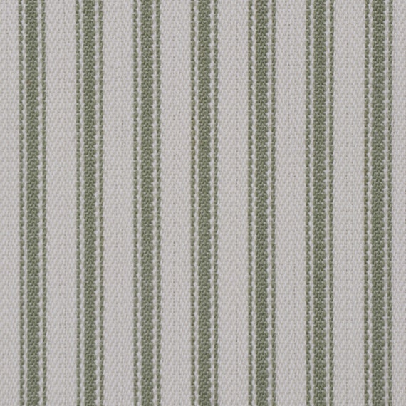 Luxury Green French Ticking Stripe Fabric | 100% Cotton | Herringbone | Curtains Cushions Upholstery. Sold By the Metre - A4 Sample.