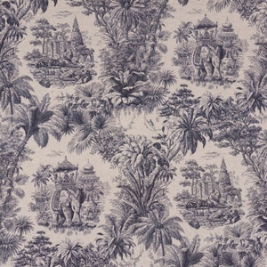 Exotic Shikar Blue / Linen 140cm Fabric | Cotton Blend | Exotic Print | Indian Jungle | Elephants | Curtains Cushions Soft Furnishings