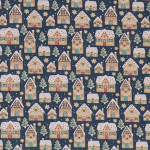 May include: A seamless pattern featuring gingerbread houses with white icing and candy details on a dark blue background. The houses are decorated with red doors, white windows, and brown roofs. The pattern is repeated throughout the design.