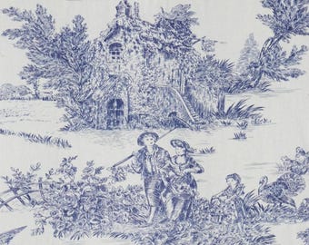 French Toile De Jouy Blue 140cm Fabric Lightweight Cotton French